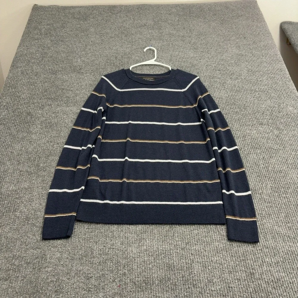 Banana Republic Sweater Mens M Navy Blue Merino Wool Striped Crewneck Classic